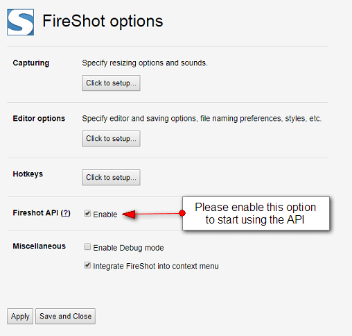 Enabling the FireShot Web Page Capture API in options