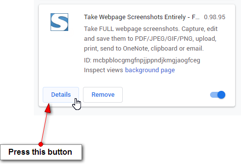 Locate FireShot extension and click the Details button
